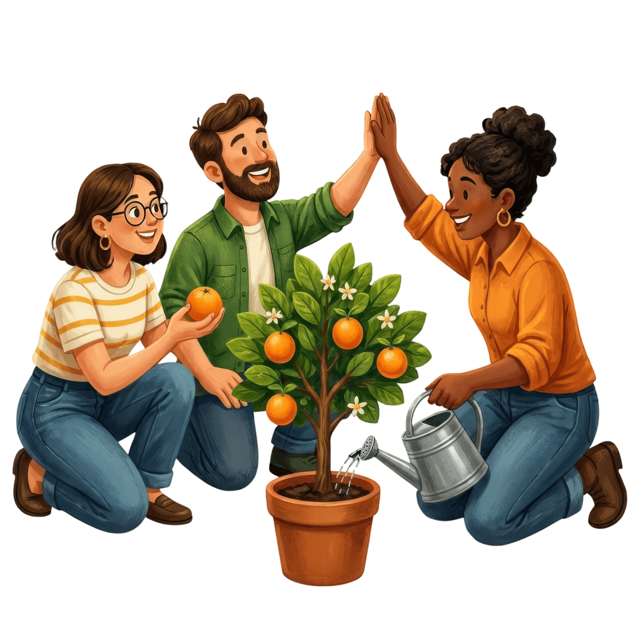 Tres personas celebrando y cuidando un naranjo compartido