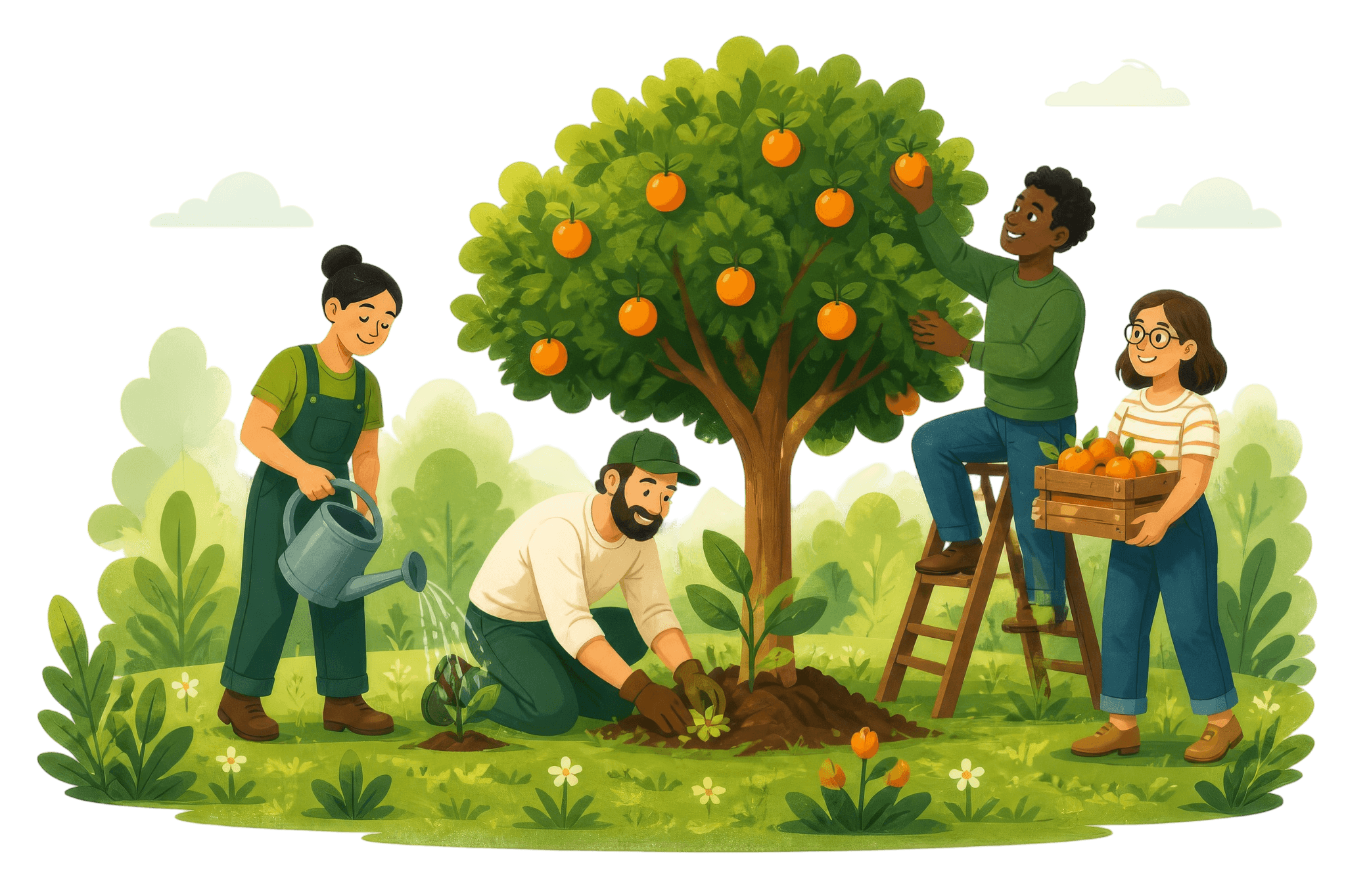 Equipo cuidando un naranjo compartido
